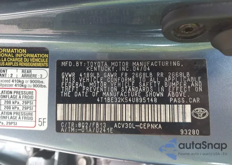 2004 Toyota Camry Le from USA, damaged, VIN 4T1BE32K54U895148